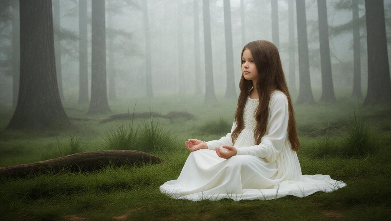 A young girl sits quietly in a misty forest. She has long brown hair and wears an ethereal white gown. The scene is tranquil and enchanting. The essence of meditation is captured.