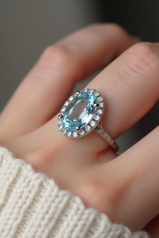 Aquamarine ring featured on a model's hand. The ring has an elongated oval shape with diamond accents. The model wears a cozy sweater, showcasing the ring's elegance.