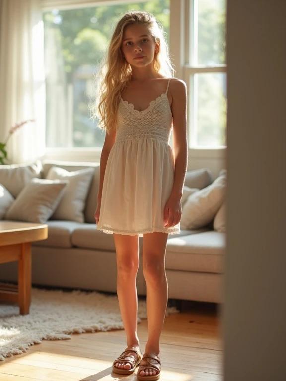Full body photo of a beautiful girl in a living room. She wears a mini sundress. She has blonde hair and sandals. The sunlight filters through large windows providing a warm ambiance.