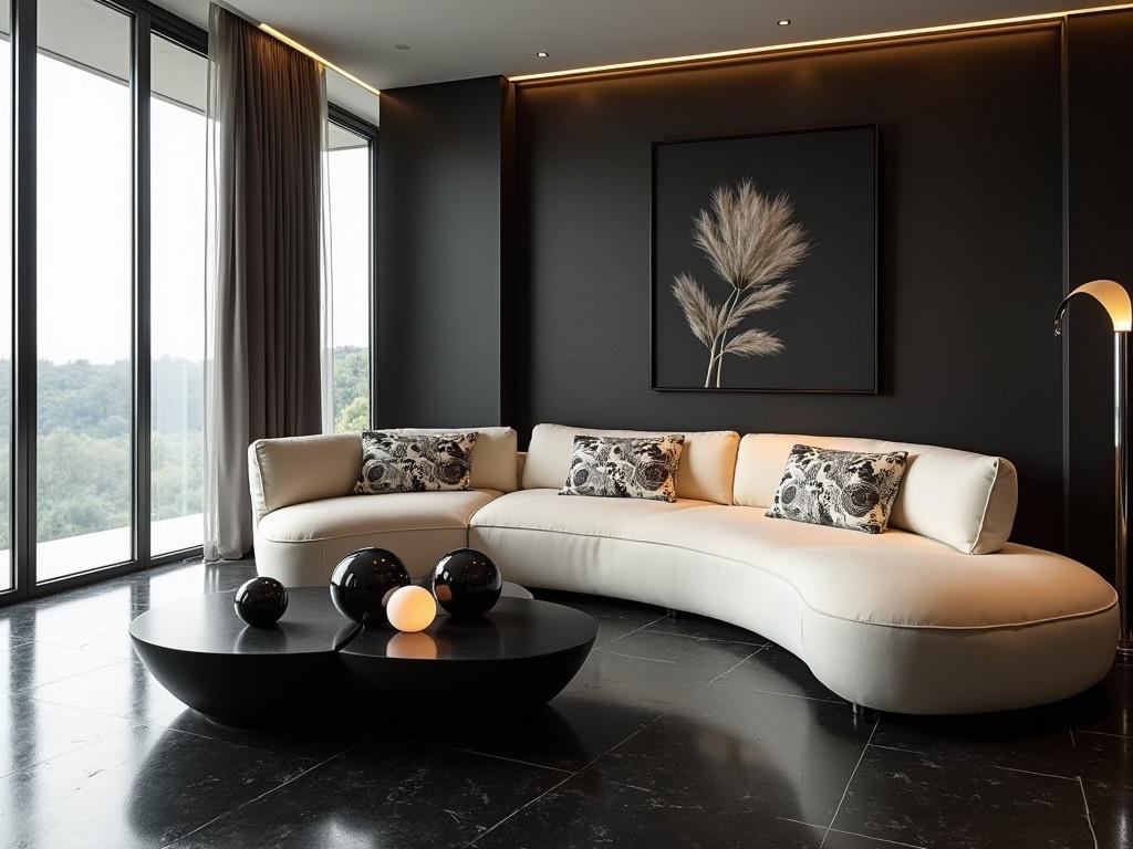 The image showcases a modern living room with an elegant design. There is a unique, curvy sofa in a soft cream color adorned with decorative pillows featuring a floral pattern. A stylish, round ottoman sits adjacent to the sofa, adding a touch of comfort. The floor is polished and dark, reflecting the minimalistic aesthetic of the space. On a central coffee table, there are decorative elements including shiny black balls and glowing white orbs that add warmth. Additionally, large windows allow natural light to brighten the room, contrasting the dark walls and furniture.