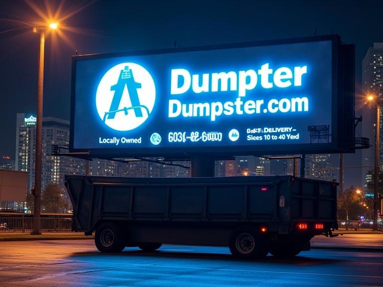 Design an electronic billboard for a dumpster rental company. Include glowing text 'Dumpster Rentals' with the company name in bold backlit lettering. Add a phone number in bright electric blue. Show a realistic 30-yard dumpster under city lights. Include a tagline about being locally owned and fast delivery.