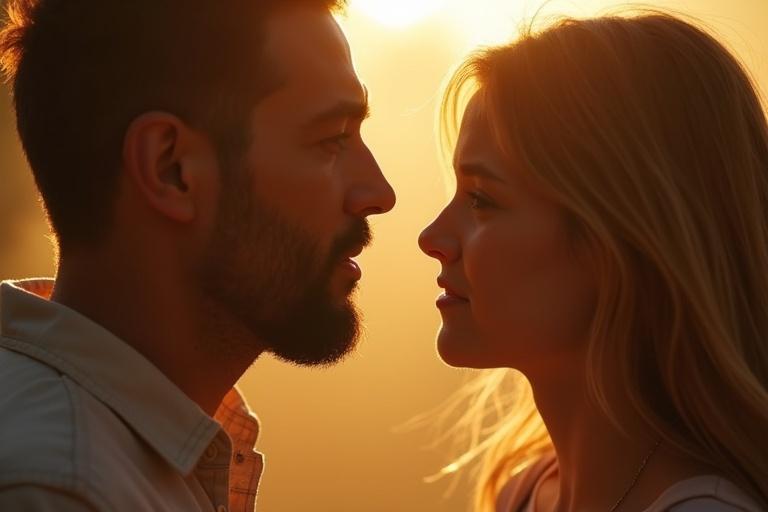 A father and his teenage daughter share a moment in a warm light. Their faces are close with soft expressions. The mood is calm and reflective. The photograph captures emotional depth and intimacy.