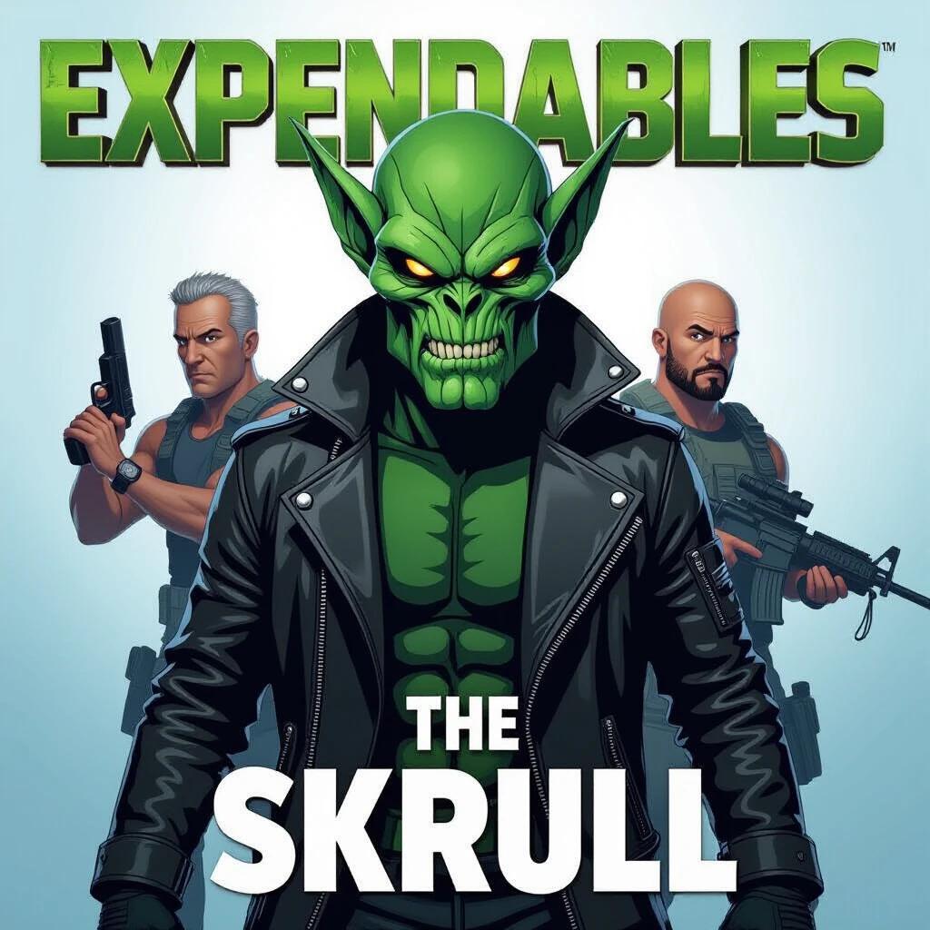 Title Expendables in Skrull. A vibrant comic style illustration featuring a green Skrull character prominently in the center. Action figures in the background with serious expressions.