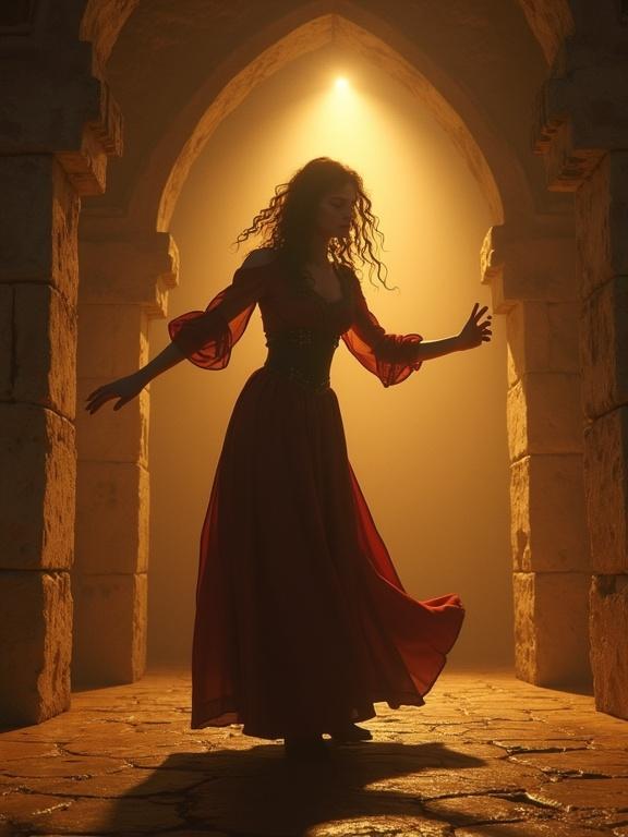 A fantasy scene depicting a woman dancing in a dark, dungeon-like environment. The woman has curly hair and wears a flowing red dress. Warm golden lighting illuminates her figure, creating a dramatic and cinematic feel. The background features stone archways, adding to the mystical ambiance.