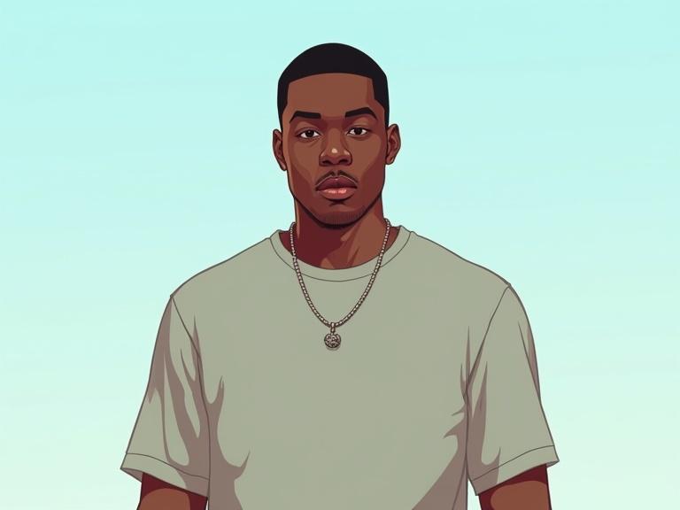 Flat digital illustration of a male character inspired by Grand Theft Auto style. Full frontal view with neutral colored t-shirt. Bright lighting with no background. No accessories or jewelry present.