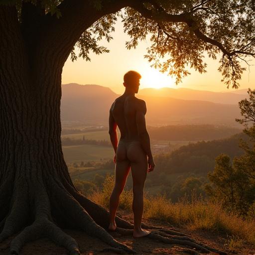 Mid-20s man stands nude beneath large oak tree. He overlooks valley at sunset. His gaze directed towards landscape. Sun low on horizon casts warm golden light. Natural contours of body are highlighted. Relaxed posture indicates serenity. Valley stretches gently with fields and forest. Soft focus creates tranquility. Oak tree roots spread around feet. Earth-toned colors dominate. Subtle shadows add depth. Rolling hills meadows and forests compose landscape. Elevated viewpoint enhances scene. Soft warm lighting evokes serenity and beauty. Realistic style with focus on natural light. Balanced composition directs eye to vista. Quiet contemplation and solitude atmosphere evoked.