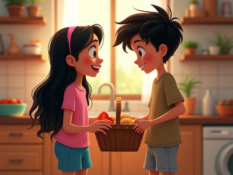 Luna and Leo packing a picnic basket in a cozy kitchen. They are excited to go to the park. Warm sunlight is shining through the window.