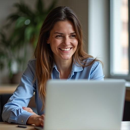 A smiling woman sits at a desk in front of a laptop. She engages in digital communication and has a casual yet stylish appearance. The scene suggests multi-tasking and professionalism.