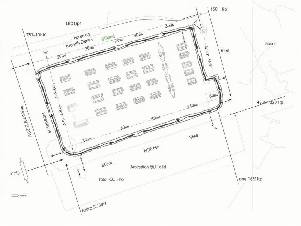 The image depicts a schematic layout of a gas station and surrounding area. The overall shape of the lot is irregular, with a total area labeled as 15,000 square meters. The layout features a parking area, indicated by spaces for vehicles, and a gas station structure located towards the upper right corner of the plan. There are directional arrows showing the flow of traffic around the station. The lot has marked dimensions, including lengths of 60m on one side, and various other dimensions labeled around the perimeter, including 39m, 36m, and more. The design has a linear approach with clear delineations for parking, driving access, and the gas station's location.