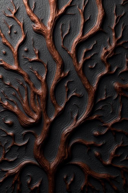 An extreme zoom into an intricate texture of dark wood grain. The image shows a distortion of wood grain lines swirling and branching into complex patterns. Focus on organic shapes and intricate details at a micro-level. Emphasize depth and fluid nature of patterns. Macro photography perspective with detailed lighting revealing textures. Ultra detailed photorealistic rendering.