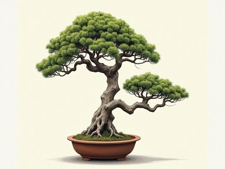 Fine art print featuring a super realistic bonsai tree. Highly contrasting hand-painted acrylic art. Tree displays sparse leaves against a simple background. The trunk is gnarly and twisted with clumpy leaves. It sits in a simple clay pot.