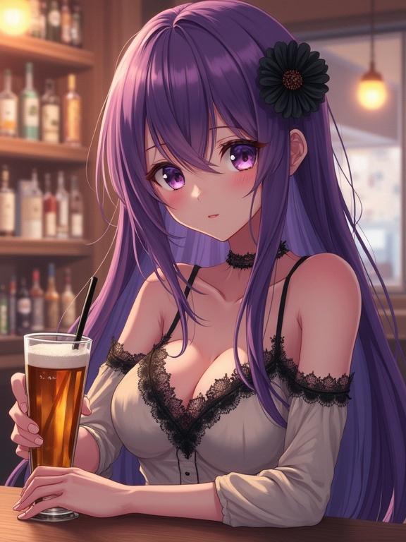Semi-anime lady with long purple hair and purple eyes. Wearing a light-colored dress with black lace details. Sitting at a bar with a glass of beer with a straw. Flower in hair. Cozy bar atmosphere with shelves of bottles. Soft lighting. Highly detailed digital painting.