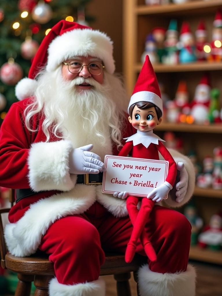 Elf on the Shelf in red outfit with sign seated beside Santa in a colorful toy workshop. The background displays various holiday decorations. Warm inviting atmosphere captures Christmas spirit.