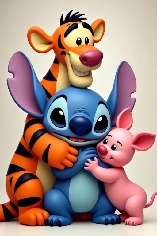 Disney's Stitch is hugged by Tigger and Piglet. Stitch has large ears and blue color. Tigger is orange with black stripes. Piglet is pink. Tigger stands tall with Piglet smaller beside. Stitch is in the center. They all are happy and playful.