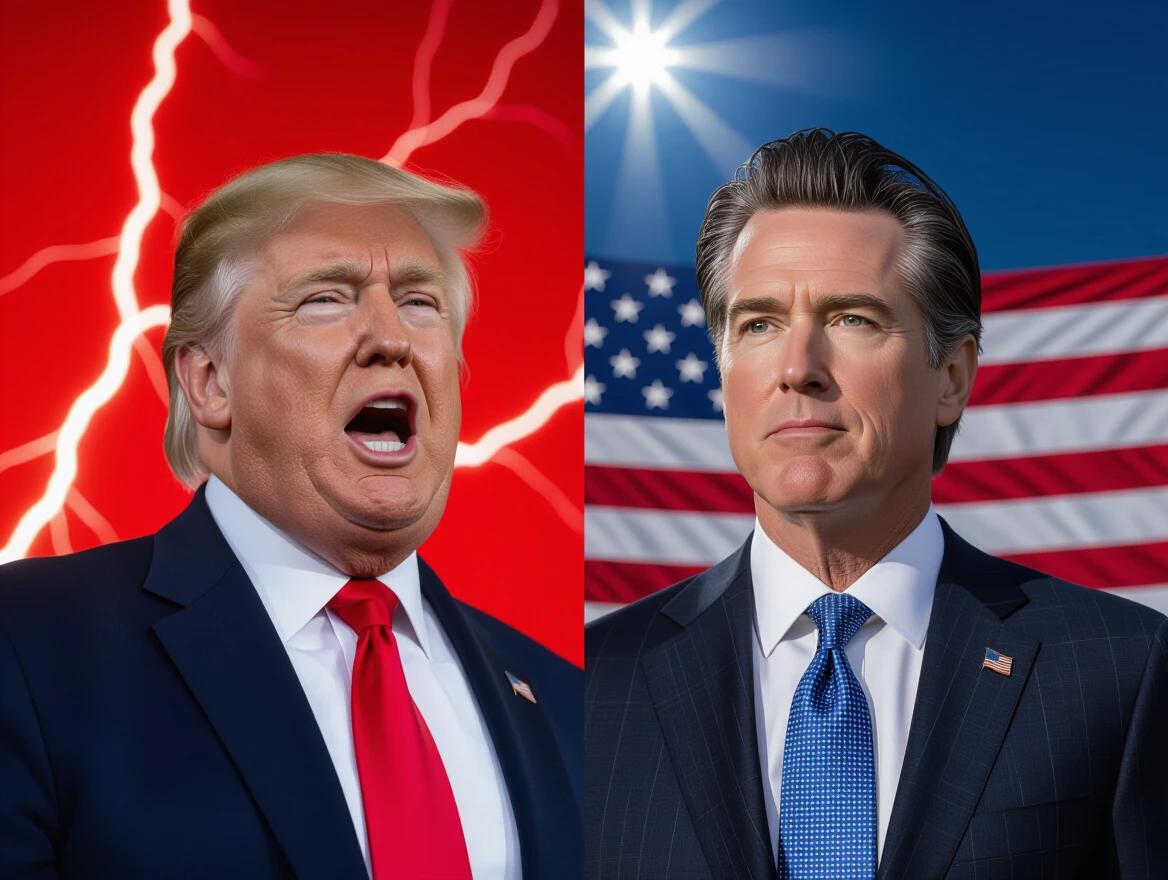 Ultra-realistic 3D photo of a split montage. On the left, Trump shouting at a rally with a red background and lightning. On the right, Newsom looks serene in front of the American Constitution with symbolic light above. Intense contrasts.