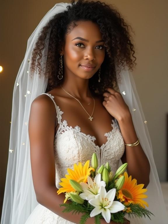 Photograph depicting a young woman dressed as a bride holding a colorful bouquet. She has curly hair and medium brown skin. The wedding dress is white lace with a low neckline. A translucent veil with star-shaped embellishments is seen. The bouquet features yellow and orange flowers and white lilies. The background is softly lit.