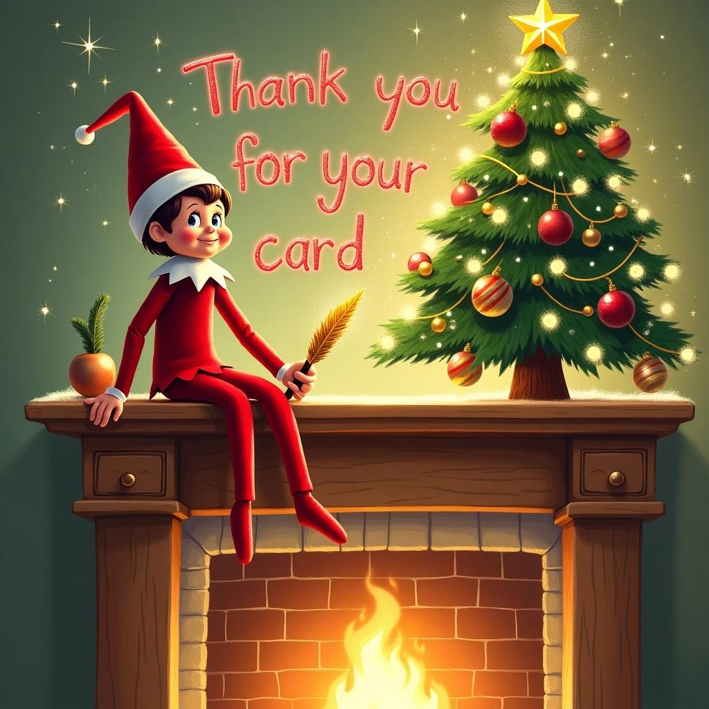 Cheerful Christmas scene with an elf sitting on a wooden mantle. Elf holds a golden quill. Behind, a decorated Christmas tree with fairy lights. Words appear in playful letters thanking for the card. Shimmering name above a glowing fireplace. Warm and joyful atmosphere.