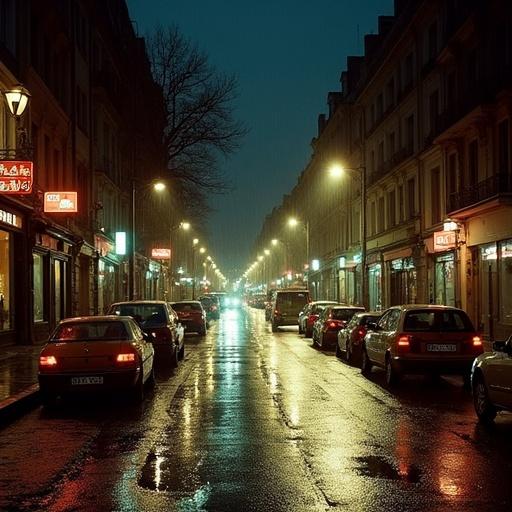 Rainy night in a Parisian street from 1998 with parked 1990s cars in a cinematic style