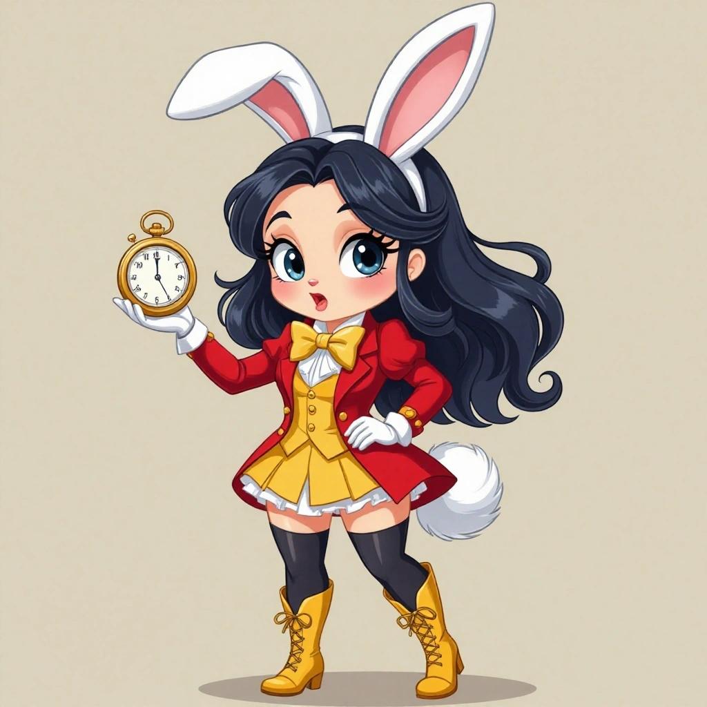 A female version of the White Rabbit from Alice in Wonderland. Dressed in elegant red jacket, yellow waistcoat, and bow tie. Stylized as a chibi in a playful pose. Slightly bending forward, looking at a large pocket watch. Expression is wide-eyed and flustered. Long black or white hair, fluffy tail, boots. Vibrant and detailed art suitable for collectibles.