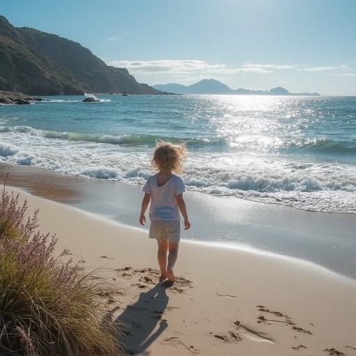 Image of a young child playing at the beach during a sunny day. The child is walking along the shoreline, with gentle waves and a scenic background of mountains.