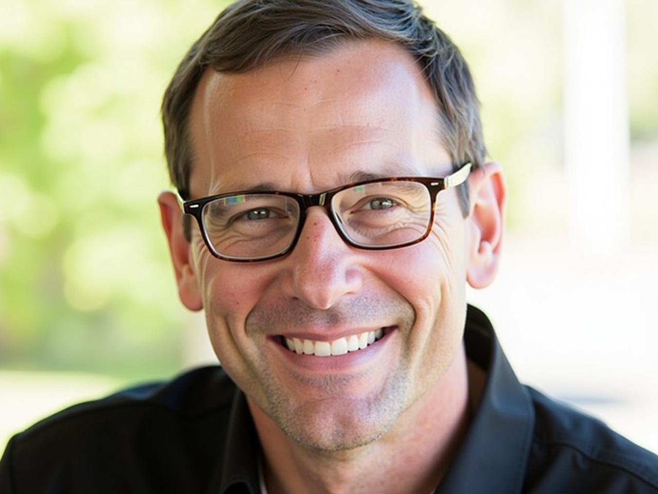 A man is smiling at the camera, wearing rectangular glasses that reflect light. He has short, dark hair and is dressed in a black shirt with a white collar. The background is bright and slightly blurred, suggesting an outdoor setting with some greenery. The overall mood of the image is cheerful and welcoming. The man's expression conveys confidence and friendliness.