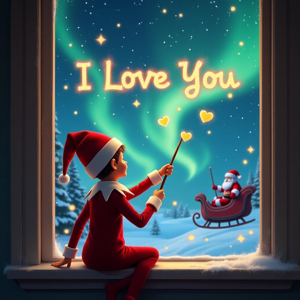 An elf sits on a window ledge with his back to the viewer. He faces the sky, using a wand to write 'I Love You' with shimmering letters. Little hearts float up into the air. The background shows a magical Christmas scene with twinkling stars and colorful northern lights. Santa Claus is in a sleigh.