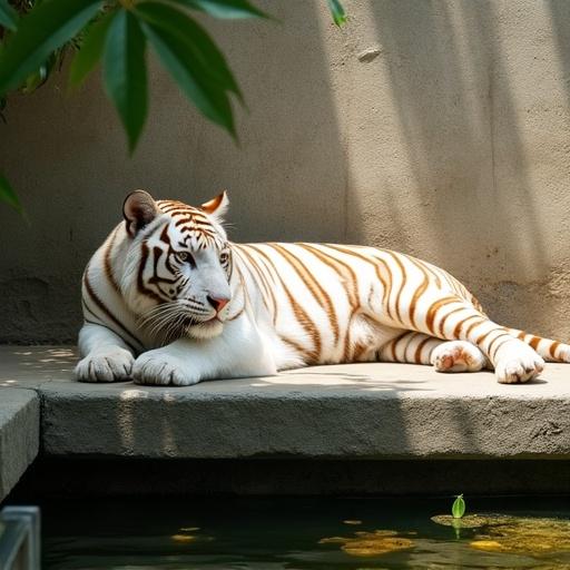Photograph features a white tiger lying on a concrete ledge with its head resting on front paws. Tiger looks to the left with white fur and orange stripes. Green leaves are visible in the top left corner. Concrete wall is in the background. Sunlight casts shadows over the scene. Water is below the ledge with a slight reflection of the tiger. The upper body of the tiger is visible. Ears are pointed with whiskers shown. Expression is relaxed, creating a peaceful environment. Scene captures wildlife in focus with background slightly out of focus.