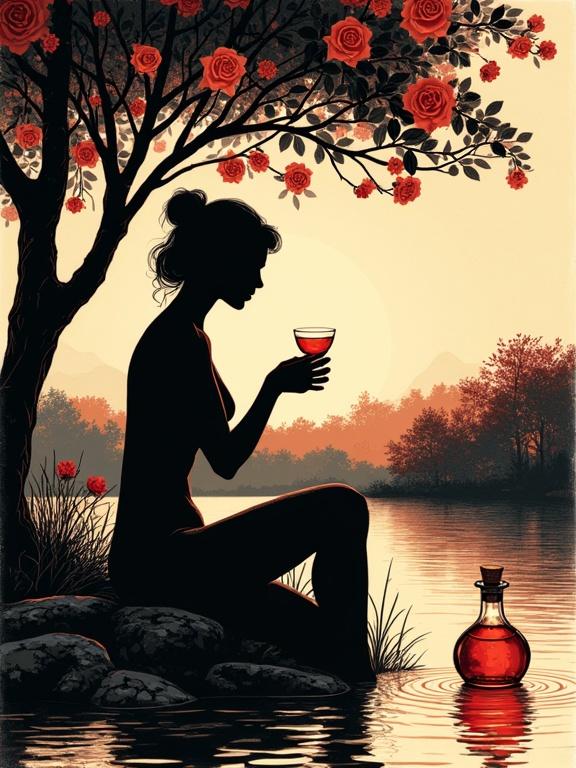 Sensual silhouette artwork depicting a woman by a pond. The woman holds a small glass of reddish liqueur under a rosebush. A glowing apothecary bottle sits on a stone. Soft background reflects her allure. The composition features black against beige tones, conveying intimacy and elegance.