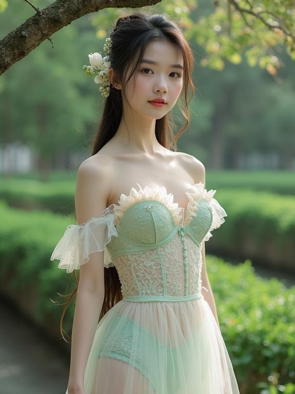 Full body shot of a young Chinese lady adorned head to toe in a pastel-colored transparent outfit. The ensemble features delicate lace in shades of black cream and mint green showcasing a sweetheart neckline and off-the-shoulder design. A full white underwear at her waist giving a vintage fairytale feel. Long hair tied. Wired bra. Serene expression. Pale light pink stockings and garter belts complement the outfit. Soft natural light bathes the scene highlighting the details of the lace. The garden setting with greenery includes bushes and trees creating a lush background.