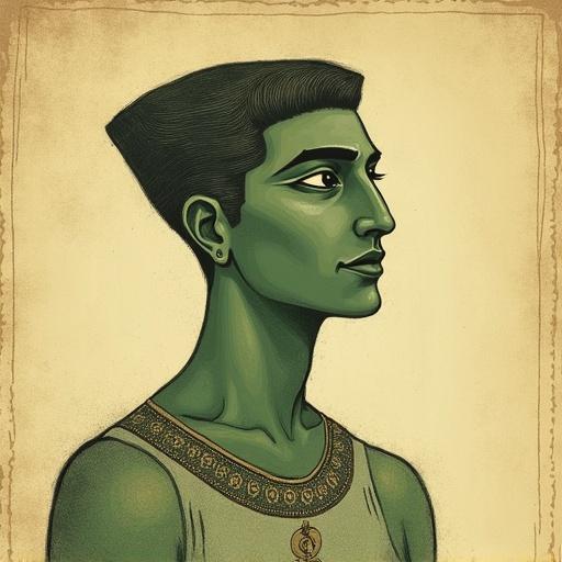 Vintage illustration style man muted colors illustrated pencil drawing technique Egyptian nose flat colors background ancient manuscript. Big outlined eyes elongated profile Ra style eyes green gradient canvas texture muted earth tones soft palette.