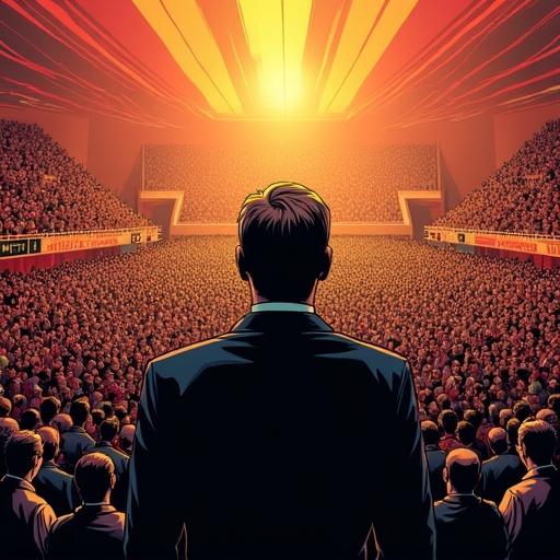 A politician stands in front of a large crowd. The scene emphasizes the crowd's excitement. Comic book art style enhances dramatic effects.