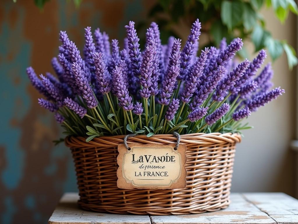 A rustic basket filled with vibrant lavender flowers is artfully arranged at the forefront. The basket is made of woven wicker, showcasing its artisanal craftsmanship, and the lavender, with its rich purple hues, stands tall and fragrant. A weathered wooden surface beneath the basket adds to the homey feel of the scene. Attached to the basket is a vintage label that reads 'Lavande de Provence' and 'Le parfum de la France', enhancing the charm. Above the basket, a hint of greenery peeks through, suggesting a warm, inviting atmosphere reminiscent of a countryside home. In the background, colors are soft and earthy, creating a tranquil ambiance.