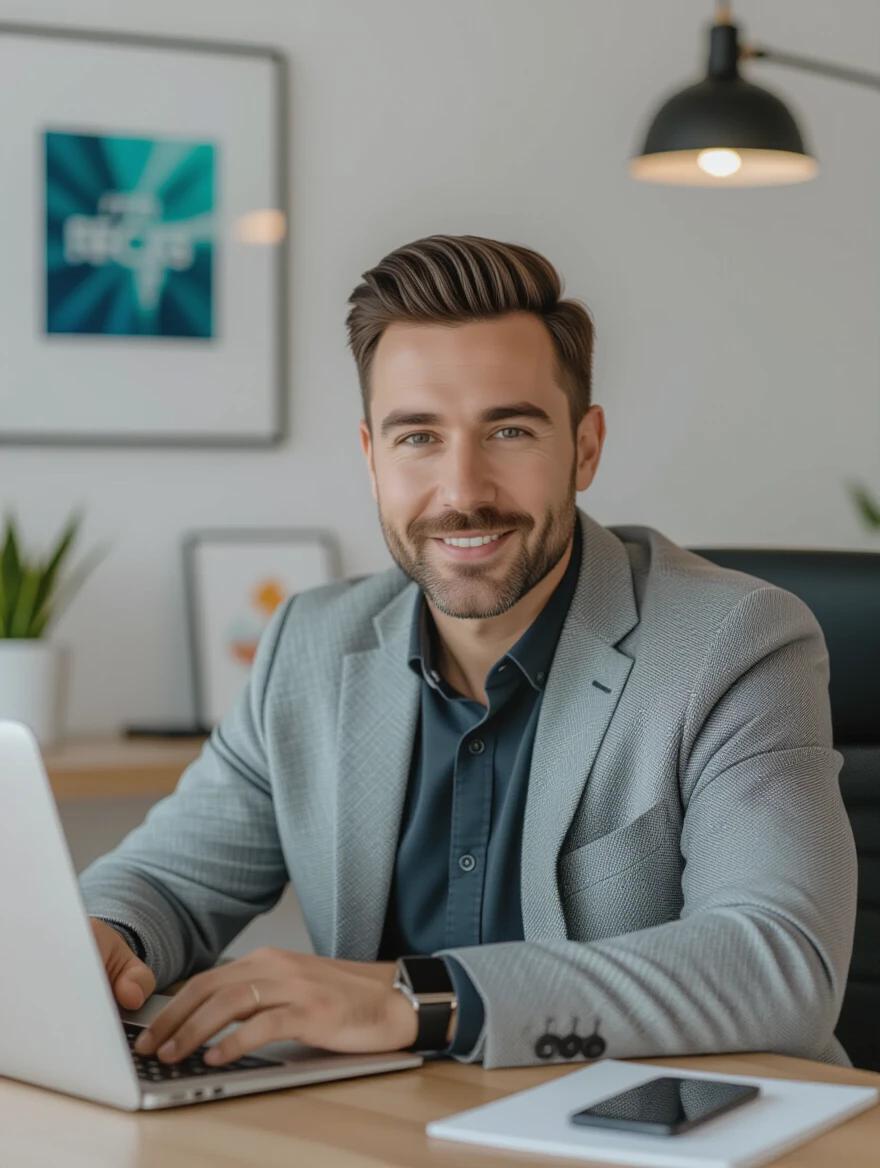 35 year old male marketing professional wearing stylish smart casual attire without tie light gray blazer dark chinos. Confident facial expression slight friendly smile direct eye contact with camera. Hands holding open laptop with bright design interface on screen. Background creative office space with minimalist posters and graphic tablet on desk blurred to emphasize figure. Soft studio lighting without harsh shadows. Color palette warm neutral tones with accent on blue turquoise laptop screen. Modern commercial photography high level of detail realistic skin texture.