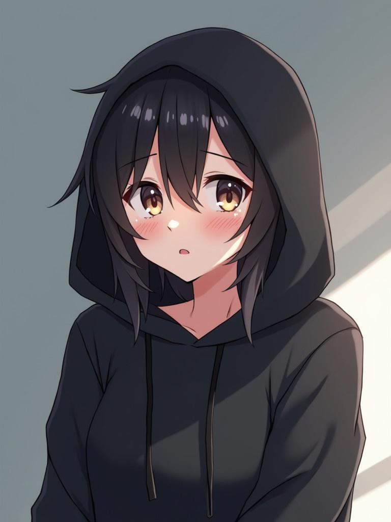 Anime character wearing a black hoodie. Character shows a confused expression with a subtle blush on the cheeks. Background has soft, muted colors with gentle lighting.