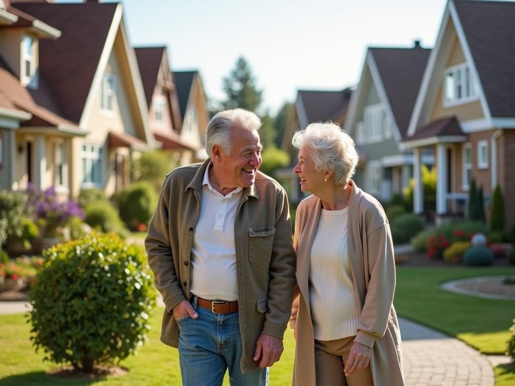 An elderly couple is walking together in a beautiful suburban neighborhood. They are smiling and enjoying each other's company, suggesting a strong bond. The background features well-maintained homes and lush greenery, indicating a peaceful community. The couple seems to be contemplating their next steps in finding a new residence. This scene evokes feelings of warmth, companionship, and hope for the future.