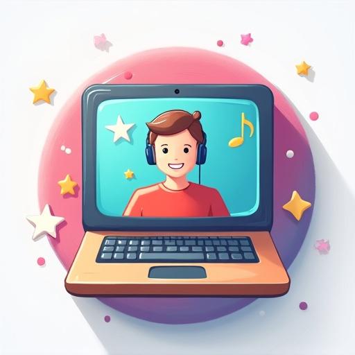Promotional icon representing a standard subscription. User can send audio and images to a created assistant. Laptop with user wearing headphones. Bright colors and playful design.