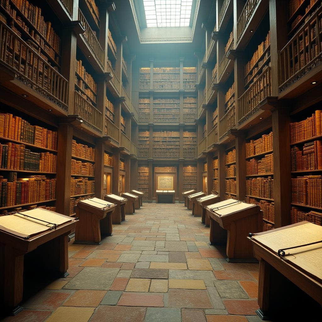 This image showcases a grand library filled with towering bookshelves. The shelves are lined with old, beautifully bound volumes, evoking a sense of history and the vastness of human knowledge. In the center, there are several wooden reading stands with open books, inviting exploration and study. The warm lighting from the skylight creates a serene and contemplative atmosphere. This setting reflects the importance of preserving literature and the lifelong pursuit of learning.