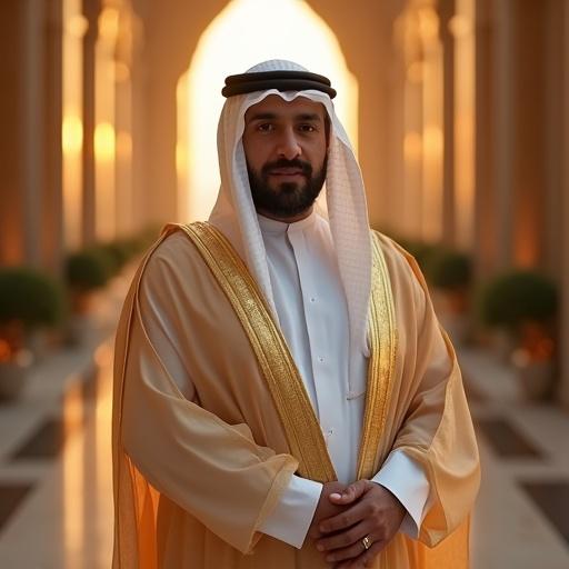 Generate a medium close shot portrait of a wealthy male Arab Sheikh in a regal pose. The background is the opulent setting of Dubai illuminated by golden sunlight. The Sheikh wears traditional luxurious attire, reflecting sophistication.