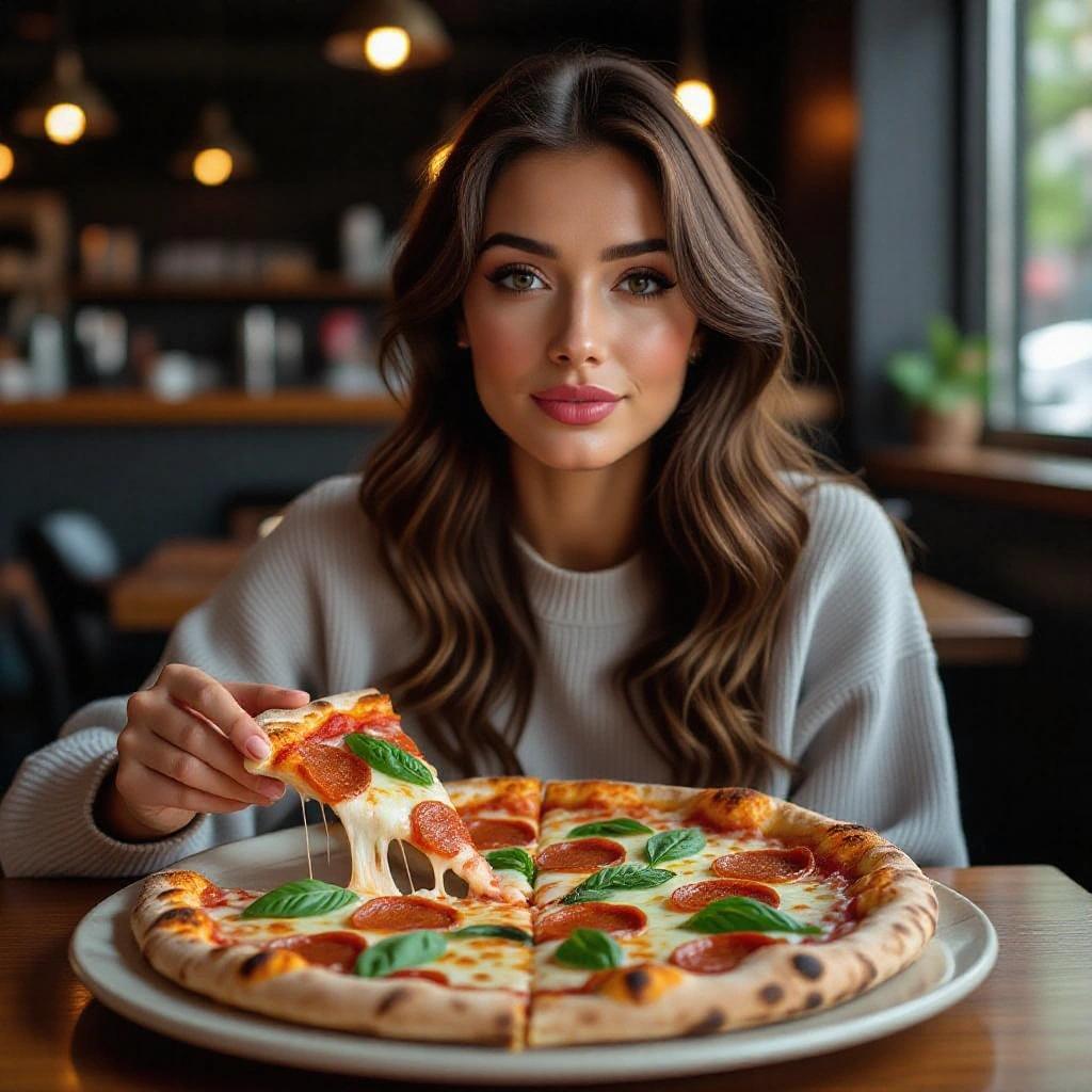 A woman enjoying a delicious pizza in a cozy restaurant setting. She holds a slice of pepperoni pizza with cheese stretching. The scene is inviting and warm.