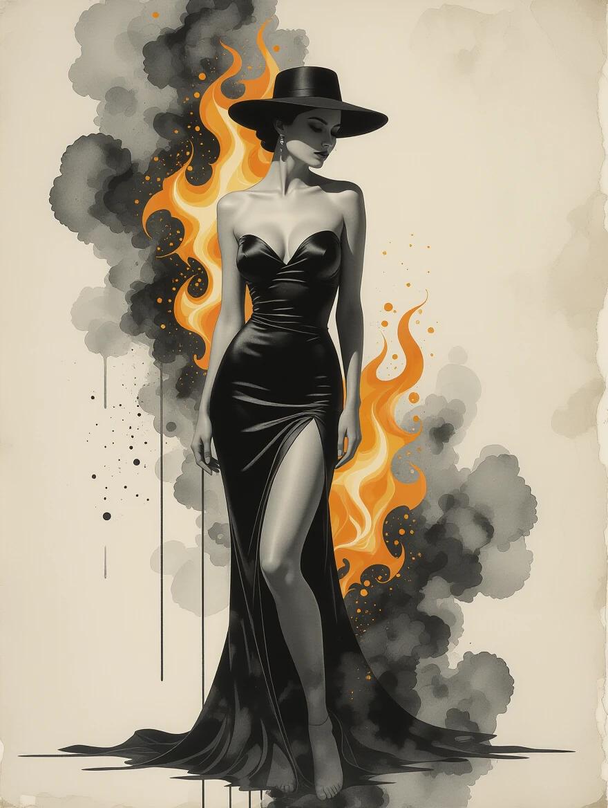 Stylized representation of a woman in a black dress with high slit standing against flames. Strong feminine pose emphasizes beauty and allure. Artistic expression combines minimalist design with dramatic elements. Mixed media effect showcases elegance in a shadowy atmosphere. Graphic ink wash style on weathered parchment texture.