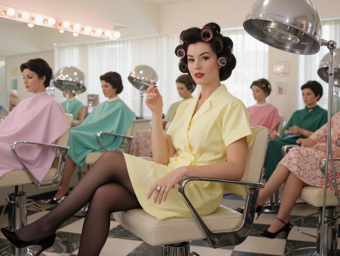 Stunning portrait of a 1960s woman in retro beauty parlor. Black hair with curlers, cigarette in hand. Wears pale yellow smock over business dress, shows black stocking tops. Sitting under hair dryer among women. Elegant decor of 1960s beauty shop.