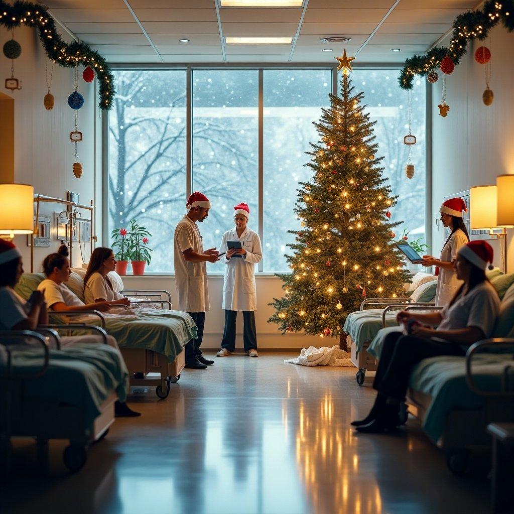 Hospital setting decorated for Christmas. Staff wearing holiday attire. Christmas tree with lights and ornaments. Winter scene visible through windows. Patients in hospital beds. Cozy and festive atmosphere.