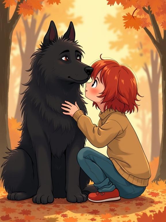 Young girl with red hair in a cozy sweater interacts with a large black dog. They sit on the forest floor surrounded by autumn leaves. The style is whimsical Anime with vibrant colors and delicate lines. It features a watercolor texture and warmth reminiscent of Japanese Manga key visuals.