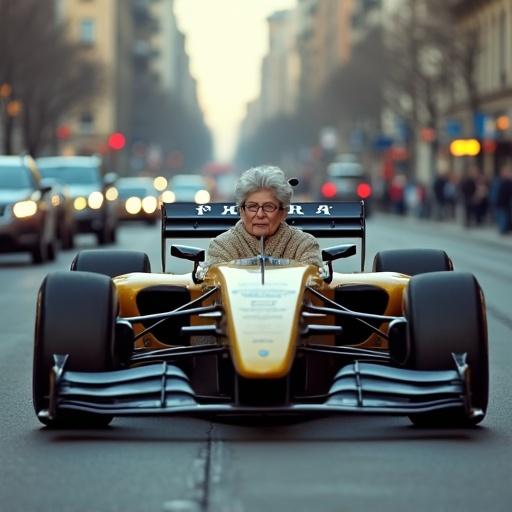 Formula 1 car driven slowly by elderly woman. Gray hair and glasses. Cozy cardigan. City street with normal traffic. Humorous contrast of fast car with gentle driver. Photorealistic, natural daylight, street-level perspective as if from an iPhone.