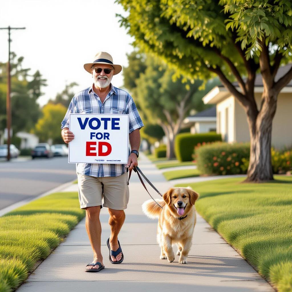 An elder man walks his dog on a sidewalk. He wears summer clothes with flip flops. He carries a sign that says Vote for Ed. The scene is set in a residential California neighborhood.