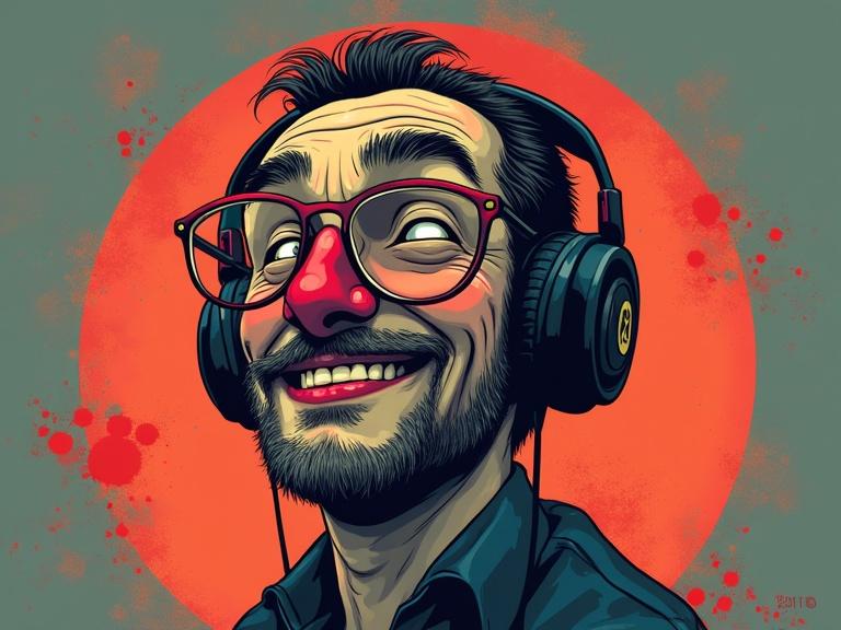 Unique illustration of a man with glasses and headphones smiling. Bright red background with paint splashes. Cartoonish style emphasizing joyful expression. Suitable for branding.
