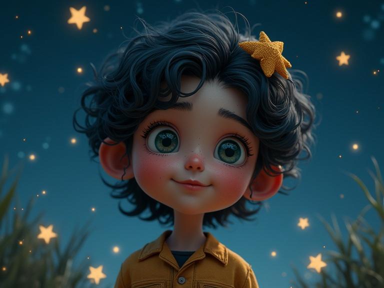 A whimsical character stands under a starry night sky. The character has expressive eyes and a mischievous expression. A bright star-shaped accessory is in the hair. The scene has textured stars in the background with a magical, cozy atmosphere.