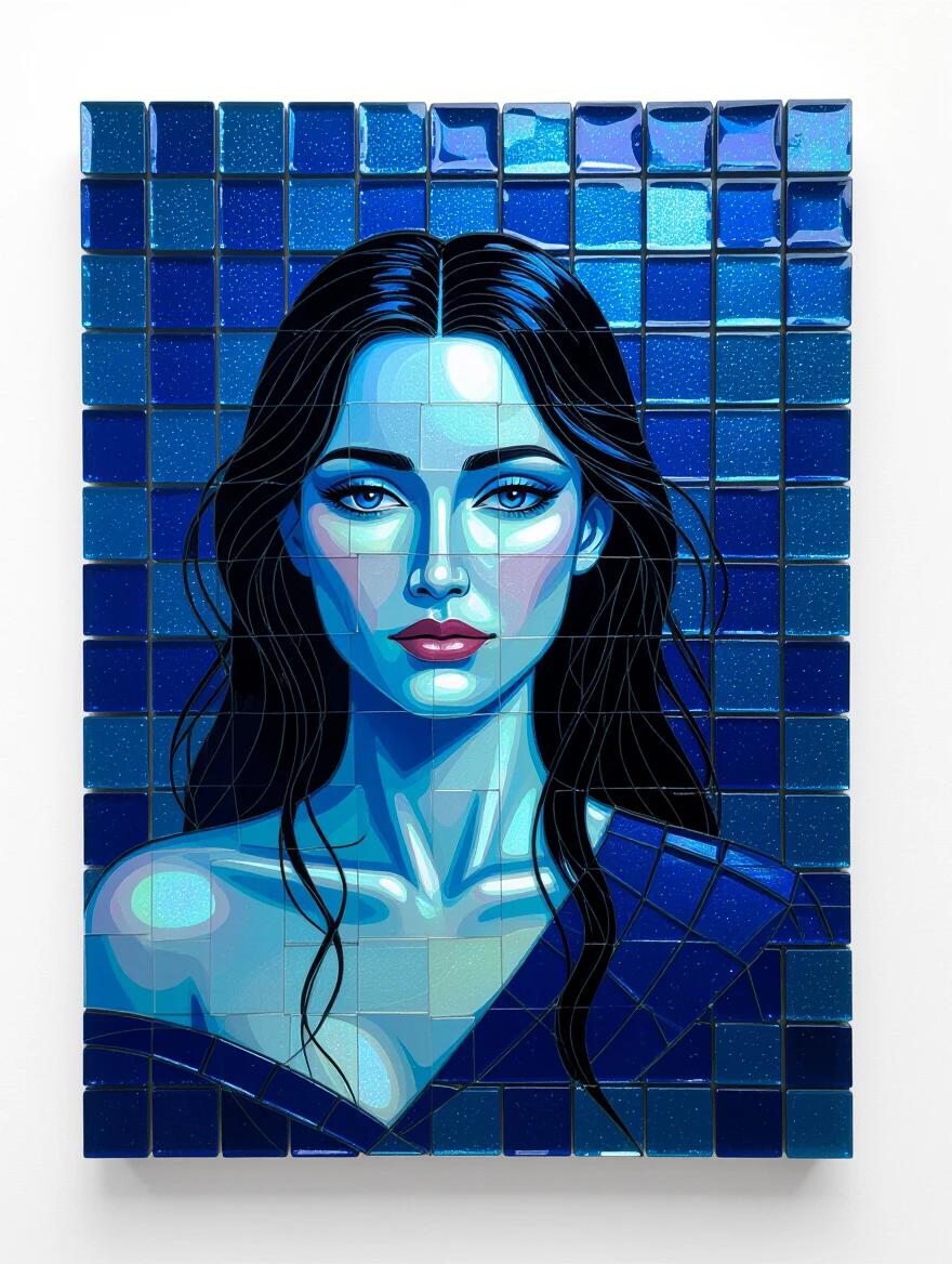 This artwork features an abstract depiction of a figure. The figure's body is rendered in shades of blue with a mosaic of tiles. The background reflects the use of iridescent ceramics and glass. The design emphasizes the interplay of colors and materials, capturing a sense of fluidity and form in a contemporary art style.