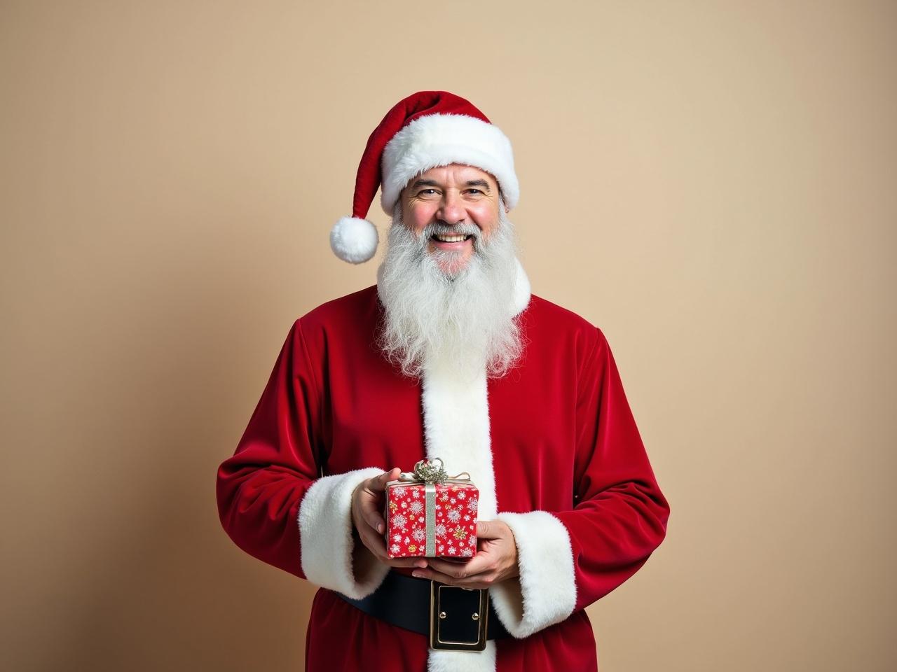 A kind man dressed as Santa Claus is holding a beautifully decorated gift. He has a big, fluffy white beard and a warm, joyful smile on his face. His outfit is traditional red and white, complete with a belt and matching hat. The backdrop is a neutral color that subtly contrasts with his vibrant outfit, ensuring that he stands out. The gift he is holding adds a festive touch, making the scene feel cheerful and inviting.