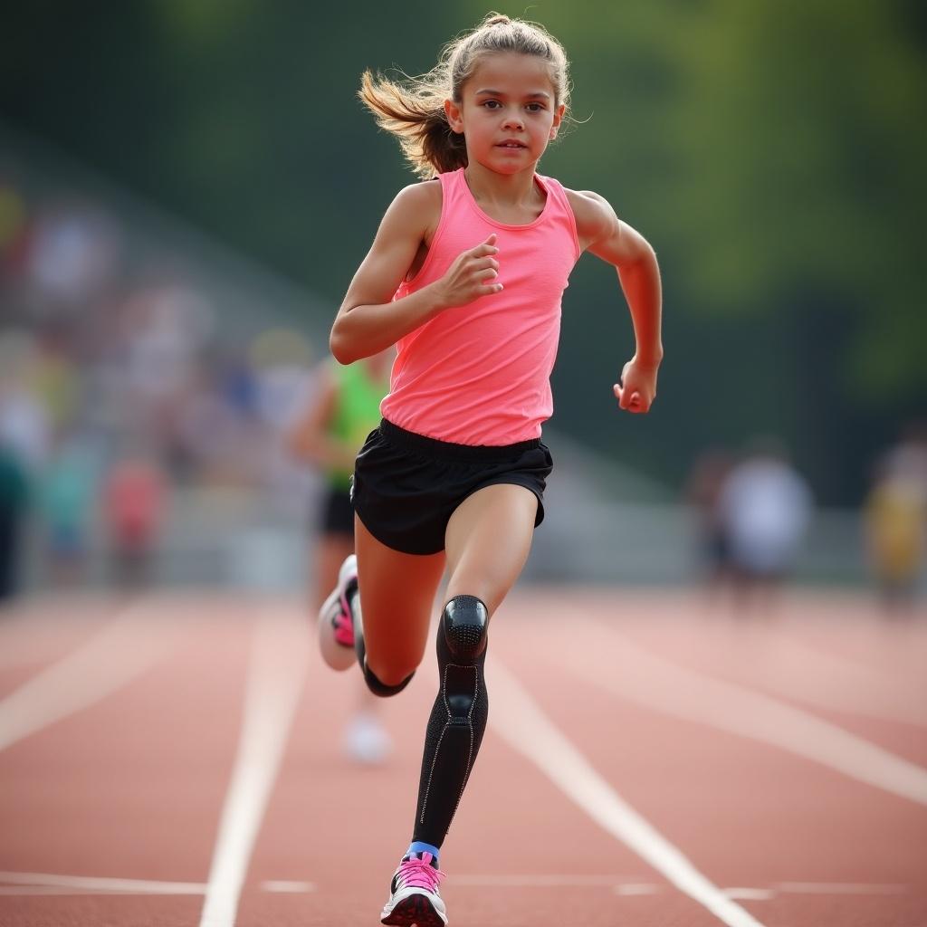 A young girl with prosthetic leg is sprinting on a track. She wears a bright pink tank top and black shorts. Her expression shows focus and determination as she races ahead. The track is surrounded by blurred spectators, cheering her on. The scene captures her athleticism and inspiration for others.